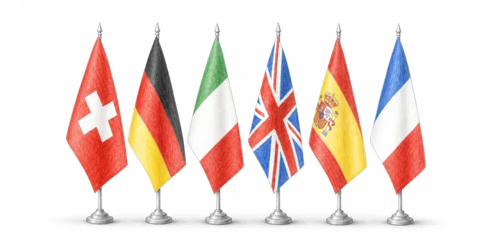 Pencil drawing of six small flags: Switzerland, Germany, Italy, United Kingdom, Spain, France