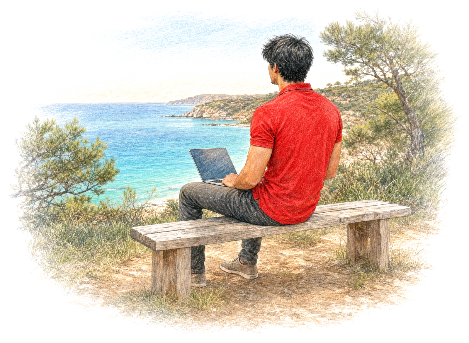 Coloured pencil drawing of Leandro Ferrari from behind, sitting on a bench with a laptop, looking out over the sea